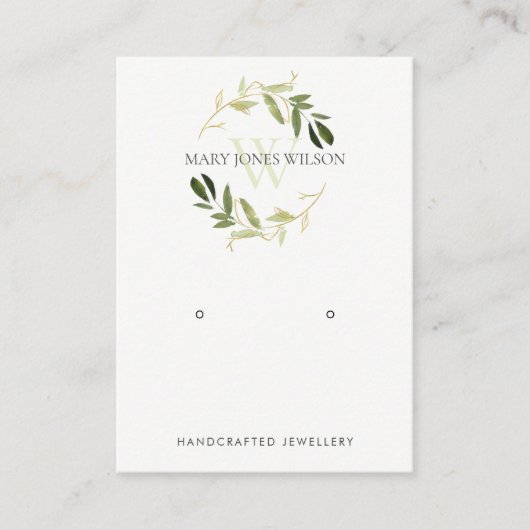 GOLD GREEN FOLIAGE MONOGRAM EARRING DISPLAY LOGO VISITEKAARTJE (Voorkant)