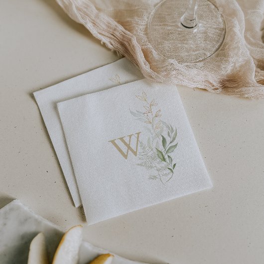 Gold Green Foliage Monogram Wedding Napkin Servet