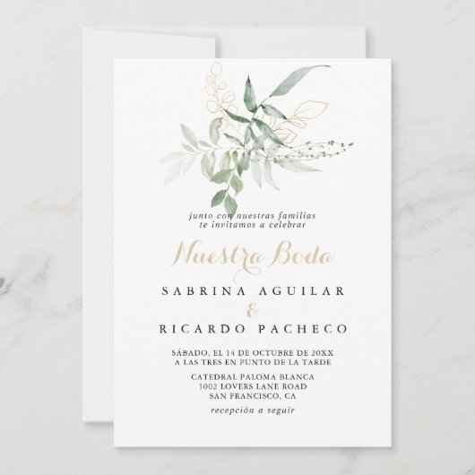 Gold Green Foliage Nuestra Boda Wedding Kaart (Voorkant)