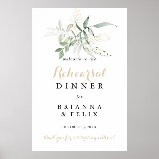 Gold Green Foliage Rehearings Dinner Welcome Sign Poster (Voorkant)