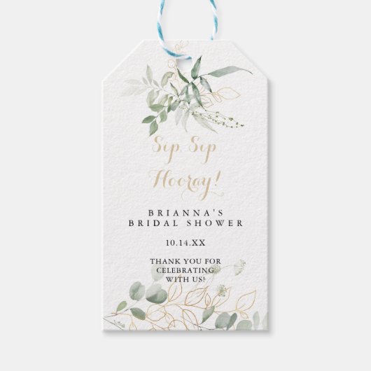 Gold Green Foliage Sip Sip Hooray Vrijgezellenfees Cadeaulabel (Voorkant)
