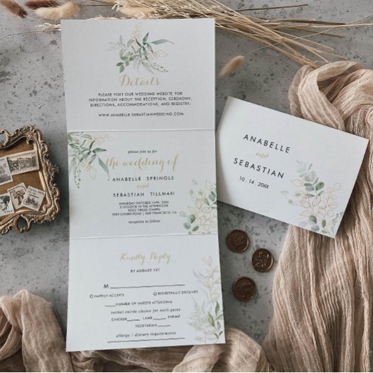 Gold Green Foliage Trifold Wedding Invitation Drieluik Uitnodiging