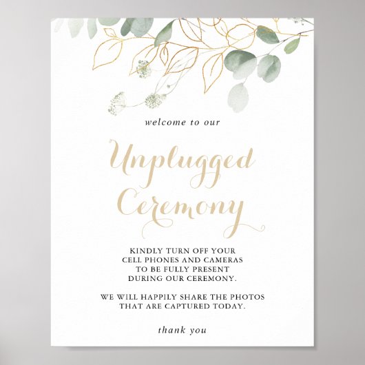 Gold Green Foliage Unplugging Ceremony Sign Poster (Voorkant)