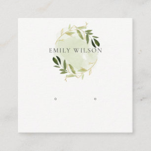 GOLD GREEN FOLIAGE WATERVERF EARRING DISPLAY LOGO VIERKANTE VISITEKAARTJE