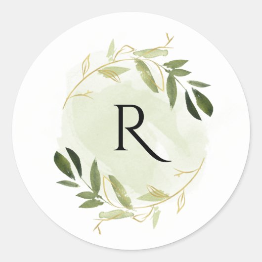 GOLD GREEN FOLIAGE WATERVERF WREATH MONOGRAM RONDE STICKER (Voorkant)