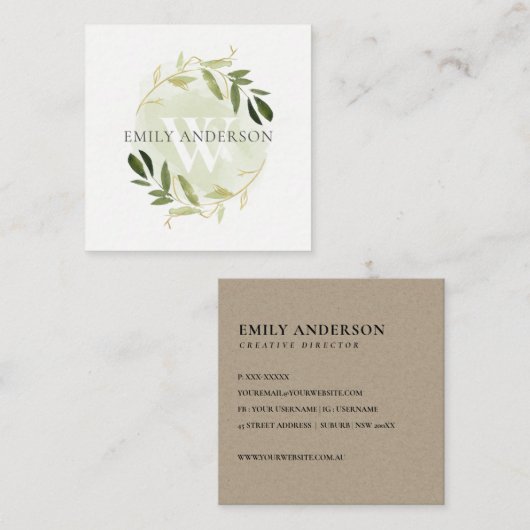 GOLD GREEN FOLIAGE WATERVERF WREATH PROFESSIONAL VIERKANTE VISITEKAARTJE (Voorkant / Achterkant)