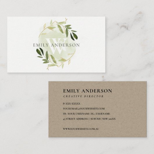 GOLD GREEN FOLIAGE WATERVERF WREATH PROFESSIONAL VISITEKAARTJE (Voorkant / Achterkant)