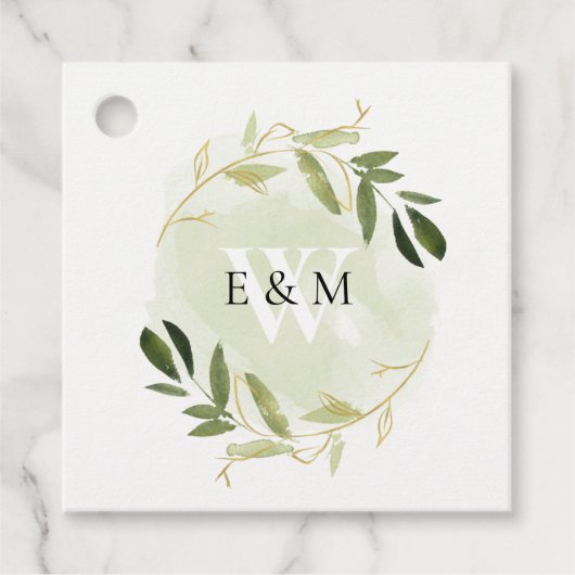 GOLD GREEN FOLIAGE WATERVERF WREATH WEDDING BEDANKJES LABELS (Voorkant)