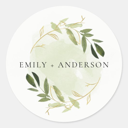 GOLD GREEN FOLIAGE WATERVERF WREATH WEDDING RONDE STICKER (Voorkant)