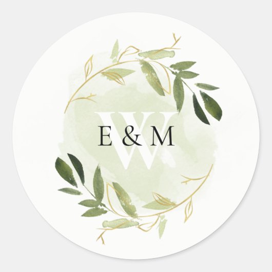GOLD GREEN FOLIAGE WATERVERF WREATH WEDDING RONDE STICKER (Voorkant)