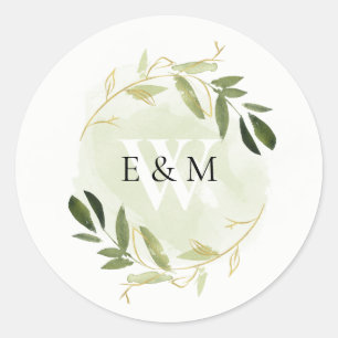 GOLD GREEN FOLIAGE WATERVERF WREATH WEDDING RONDE STICKER