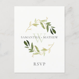 GOLD GREEN FOLIAGE WATERVERF WREATH WEDDING RSVP BRIEFKAART