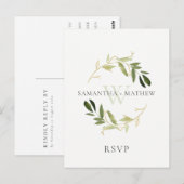 GOLD GREEN FOLIAGE WATERVERF WREATH WEDDING RSVP BRIEFKAART (Voorkant / Achterkant)