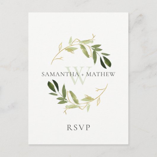 GOLD GREEN FOLIAGE WATERVERF WREATH WEDDING RSVP BRIEFKAART (Voorkant)