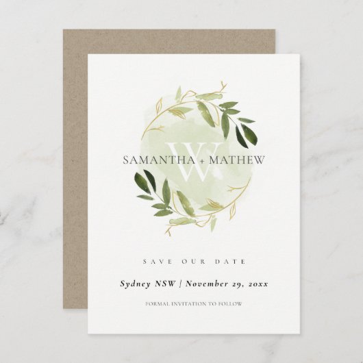 GOLD GREEN FOLIAGE WATERVERF WREATS BEWAREN DE DAT AANKONDIGINGSKAART (Voorkant / Achterkant)