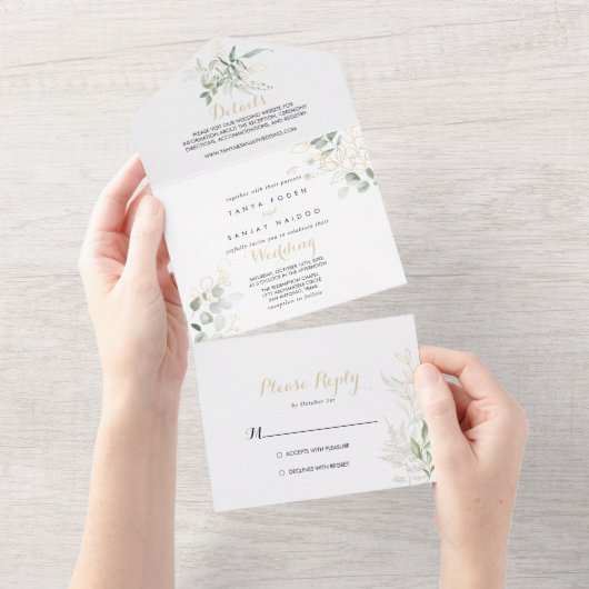 Gold Green Foliage Weddenschap in één uitnodiging (Afscheurbaar)