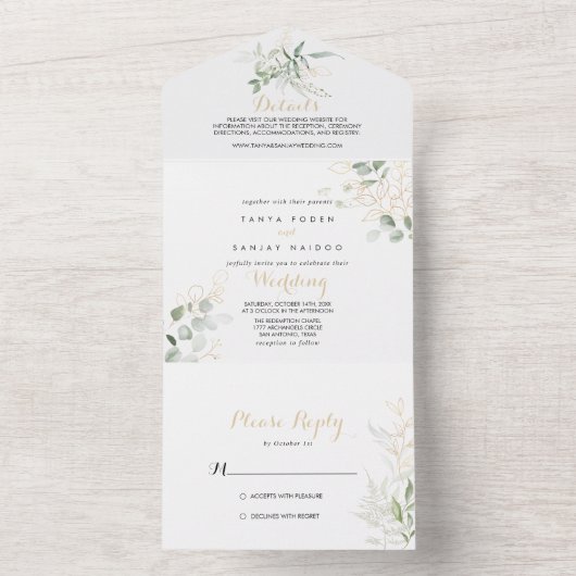 Gold Green Foliage Weddenschap in één uitnodiging (Binnen)