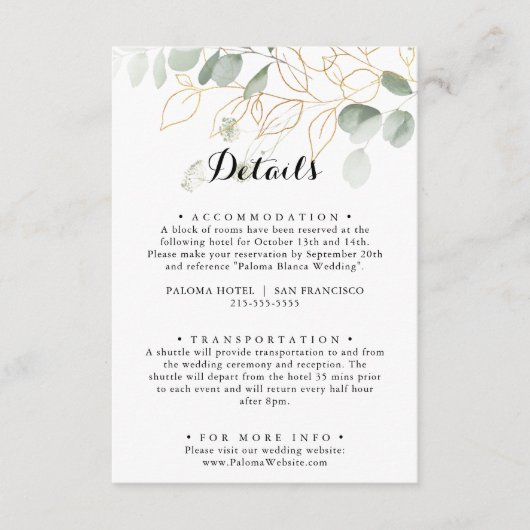 Gold Green Foliage Weddenschap-kaart met details Informatiekaartje (Voorkant)
