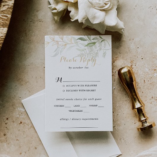 Gold Green Foliage Wedding Menu Keuze RSVP