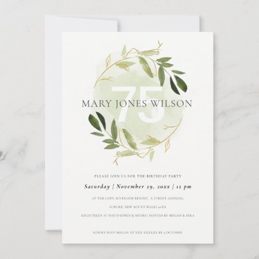GOLD GREEN FOLIAGE WREATH ANY LEEFTIGE 75 BIRTHDAY BEDANKKAART (Voorkant)