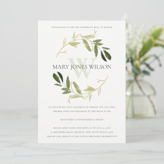 GOLD GREEN FOLIAGE WREATH SHOWER BY MAIL CARD BEDANKKAART (Staand voorkant)