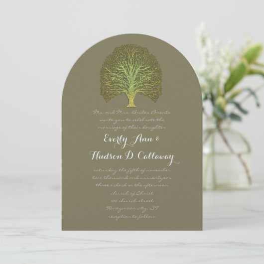 Gold Green Forest Wedding Invitation Kaart (Staand voorkant)