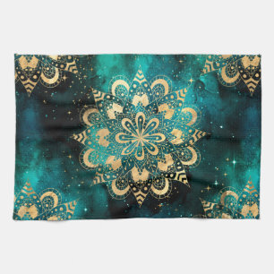 Gold & Green Galaxy Dharma Mandala Pattern Theedoek