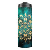 Gold & Green Galaxy Dharma Mandala Pattern Thermosbeker (Voorkant)