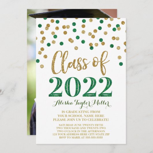 Gold Green Glitter Confetti Graduation Party 2022 Kaart (Voorkant / Achterkant)