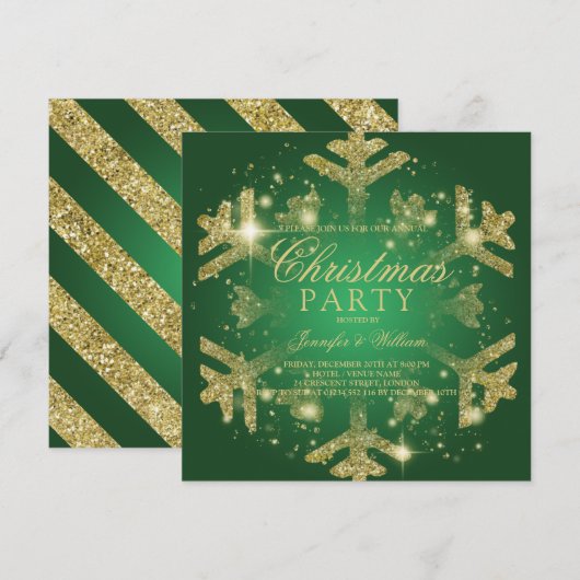 Gold & Green Glitter Snowflake Xmas Holiday Party Kaart (Voorkant / Achterkant)