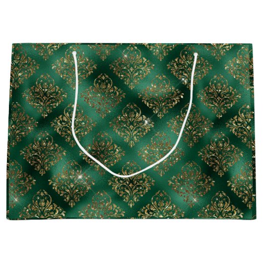 Gold Green Holiday Kerstmis Metallic Damask Groot Cadeauzakje (Voorkant)