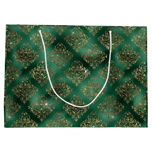 Gold Green Holiday Kerstmis Metallic Damask Groot Cadeauzakje (Achterkant)