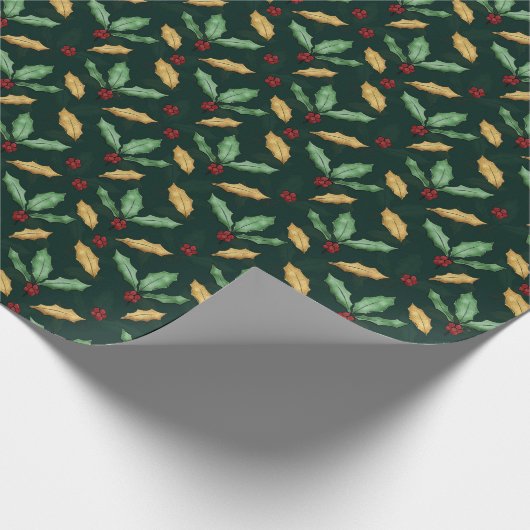 Gold Green Holly laat rode bessen bos groen Cadeaupapier (Hoek)