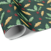 Gold Green Holly laat rode bessen bos groen Cadeaupapier (Rol Hoek)