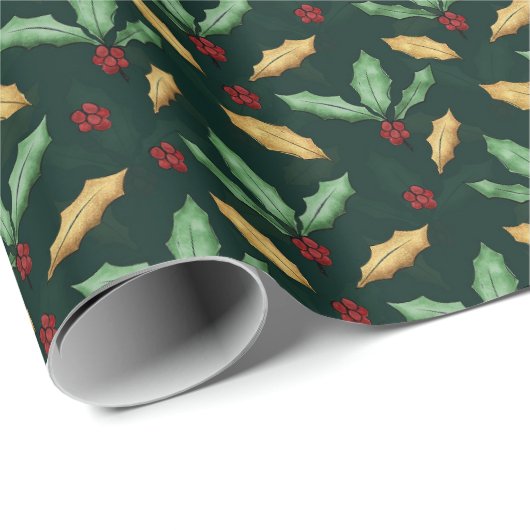 Gold Green Holly laat rode bessen bos groen Cadeaupapier (Rol Hoek)