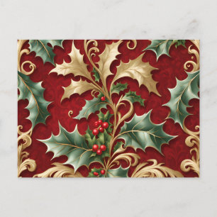 Gold Green Leaves Red Christmas Holiday Briefkaart