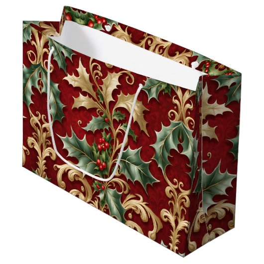 Gold Green Leaves Red Christmas Holiday Gift Bag Groot Cadeauzakje (Voorkant Gekanteld)