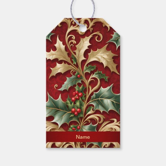 Gold Green Leaves Red Christmas Holiday Gift Label Cadeaulabel (Voorkant)