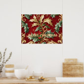 Gold Green Leaves Red Christmas Holiday Poster (Keuken)