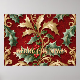 Gold Green Leaves Red Christmas Holiday Poster