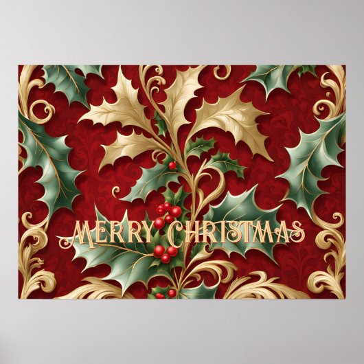 Gold Green Leaves Red Christmas Holiday Poster (Voorkant)