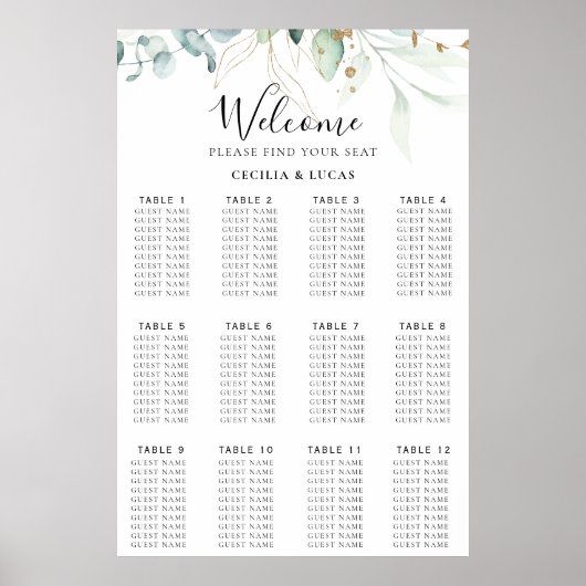 Gold Green Leaves Wedding Seating Chart Poster (Voorkant)