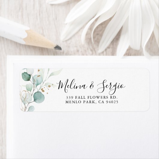 Gold Green Leaves Weduwingadreslabel Etiket (Insitu)