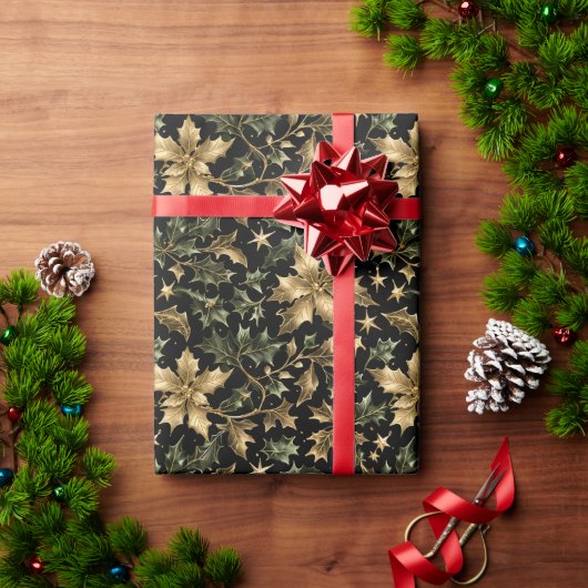 Gold & Green Leaves Wrapping Paper on Dark Back Cadeaupapier (Feestdagen Geschenken)