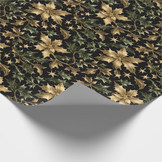 Gold & Green Leaves Wrapping Paper on Dark Back Cadeaupapier (Hoek)