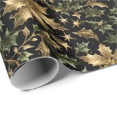 Gold & Green Leaves Wrapping Paper on Dark Back Cadeaupapier (Rol Hoek)