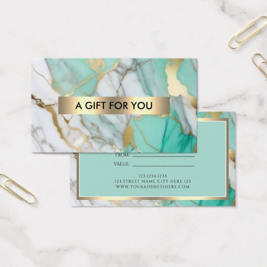 Gold Green Marble Elegant Gift Certificate Visitekaartje (Kantoor)
