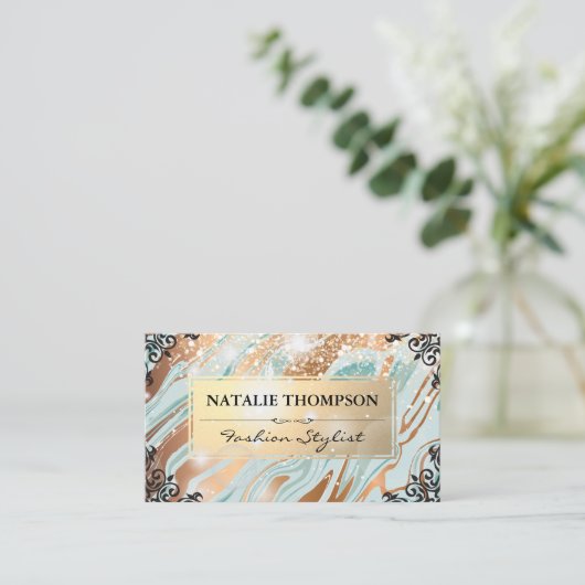 Gold Green Marble | Fancy elementen | Bokeh Glow Visitekaartje (Staand voorkant)