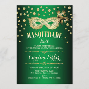 Gold Green Masquerade Ball Birthday Party Kaart