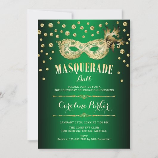 Gold Green Masquerade Ball Verjaardagsfeest Kaart (Voorkant)